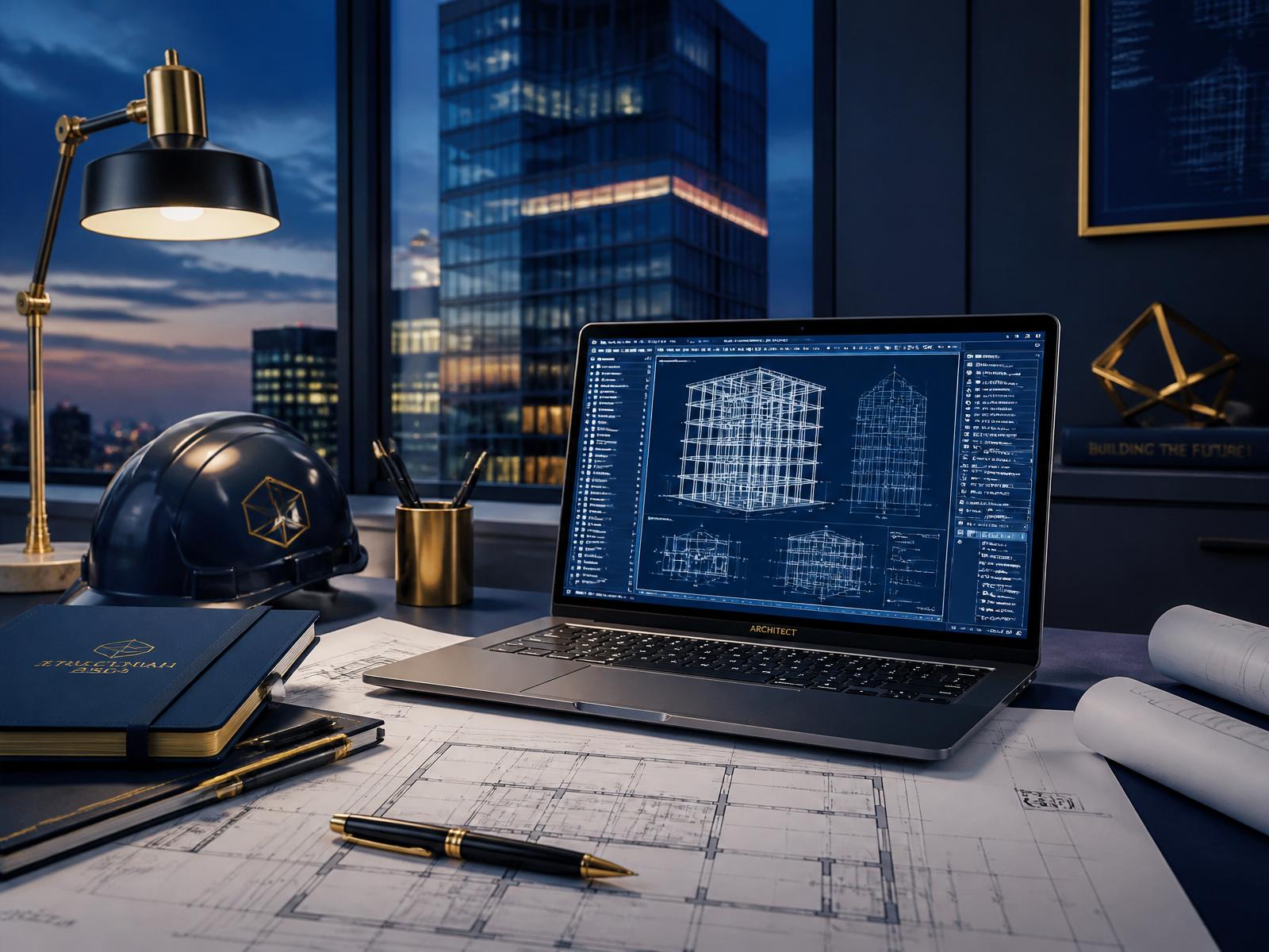 Architectural engineering workspace with blueprints